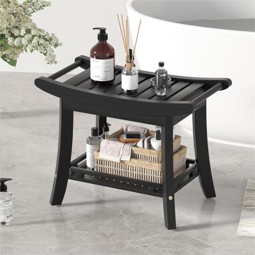 Eastglory Bamboo Shower Bench Chair Bathroom Shower Stool Seat for Inside Shower Bathtub with Storage Shelf Shower Foot Rest for Shaving Legs 25.2 x 13 x 19.2 Inches Black