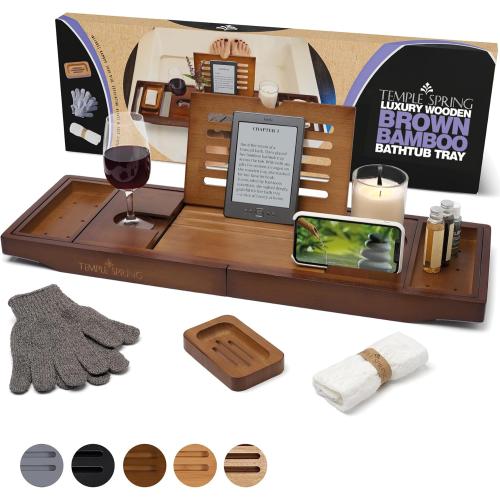 Temple Spring Bamboo Bathtub Tray Caddy for Tub — Expandable Wood Bath Tray with Solid Book Stand Wine Holder and Non-Slip Pads — Includes Bamboo Soap Dish and Spa Accessories — Luxury Bath Gift Set