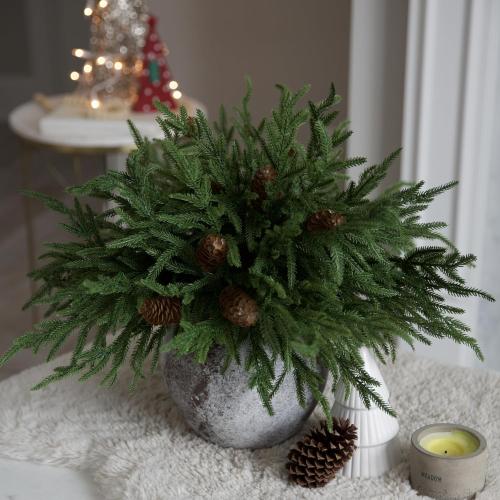 Artificial Christmas Norfolk Pine Stems Branches for Vases,12 Bundles Faux Pine Branches with 5 PCS Big Fake Pinecones Stems Greenery Evergreen Real Touch for Holiday Winter Table Xmas Decor