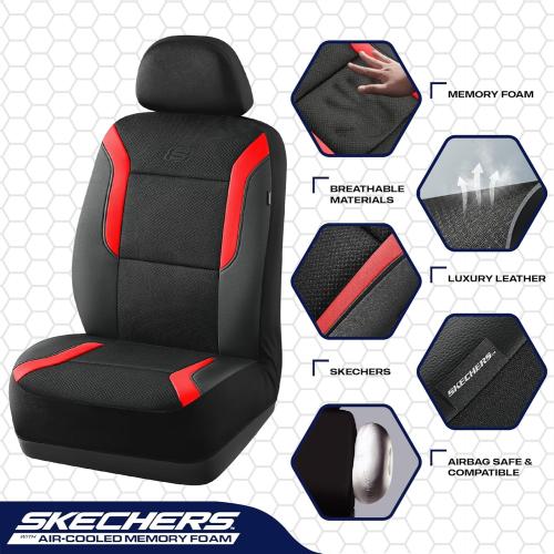 Skechers Memory Foam Car Seat Covers, Air Cool Mesh Thick Seat Covers, Car Seat Covers Front Seats Airbag Compatible, Automotive Comfort & Protection for Most Cars,Vans,Trucks, SUVs,Red