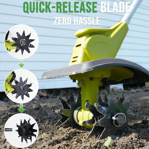 Green 20V Cordless Tiller Cultivator with 48 Steel Tines, 9-inch Wide Battery Powered Garden Cultivator, Mini Tiller for Lawn/Gardening/Soil Cultivation(2*2Ah Battery and Fast Charger Included)