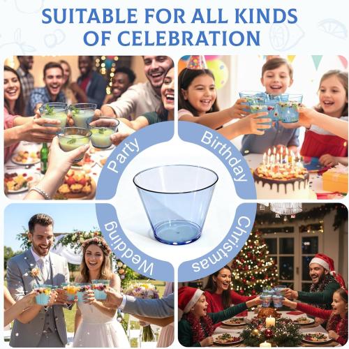 50 Pack Plastic Cups 9 oz Blue Clear Plastic Cups for Cocktail Fancy Disposable Cup for Party Stemless Wine Glasses for Wedding Thanksgiving Christmas Party Graduation