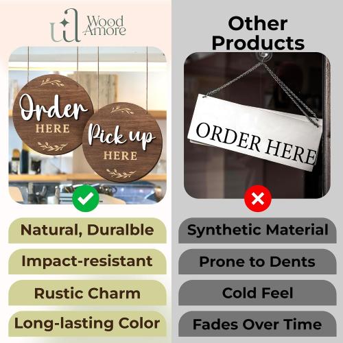 Woodamore Order Here Pick Up Here Signs, 2 Pack 10 in Round Wood for Cafes
