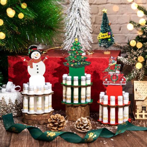 3 Pcs Christmas Money Holder, Wooden Money Holders, Christmas Ornament Money Holder with 10 Holes Cake for Table Decor Personalized Money Cash Gift Can be Written On The Back
