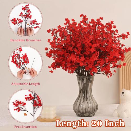 Yastouay Red Fake Flowers Artificial Flowers,  Real Touch Silk Flowers Faux Flowers for Decorations, Babys Breath Artificial Flowers Bulk for Spring Decor Floral Arrangement