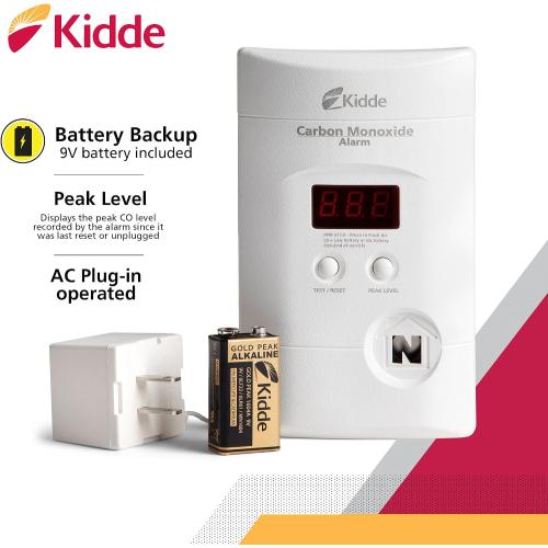 Kidde Carbon Monoxide Detector, Plug In Wall with 9-Volt Battery Backup, Digital LED Display