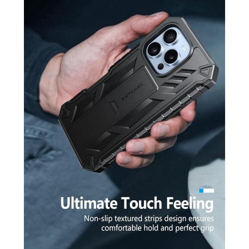 FNTCASE for iPhone 16 Pro Case: Military Grade Drop Proof Protection Mobile Cover with Kickstand | Matte Textured Rugged Shockproof TPU | Protective Sturdy Phone Case - 6.3 inch Black