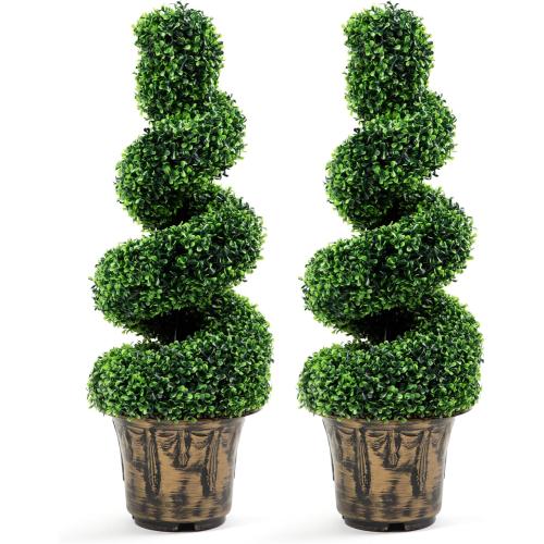 2-Pack Faux Boxwood Spiral Topiary Trees - 3ft Tall - Planter Included - Artificial Plants for Indoors or Outdoors - Realistic Dense Green Leaves with UV and Weather Protection