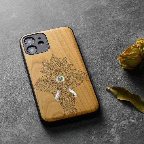 Carveit Designer Wooden Protective Case for iPhone 12 Magnetic Cover [Wood Engraving & Shell Inlay] Wood Phone Case Compatible with iPhone 12 MagSafe 6.1 Inch (Elephant-Cherry)
