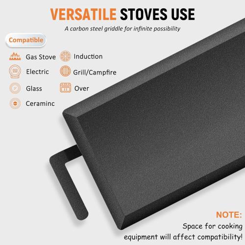 Universal Large Carbon Steel Griddle for Outdoor Gas Grill, Induction, Gas/Electric Stove, and Oven, Double Burner Griddle Comes with Grill Press, Pre-seasoned Nitride Coating Process