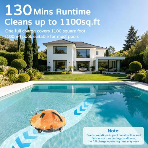 2026 New Cordless Robot Pool Vacuum, Automatic Pool Cleaner Robot with Dual-Motor, 130mins Runtime & Auto Parking Robotic Pool Vacuum for Above Ground Pool Up to 1100 Sq.Ft,JQR-V201,Orange ‼️comes with stains ‼️