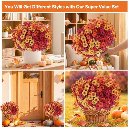 Powbrace 22 Pack Artificial Fall Flowers Mums for Outdoor Indoor(Fall Mix) | Fake Mums Plants Faux Fall Silk Flowers for Outdoors Outside Front Porch Hanging Planter Window Box Garden Fall Decoration