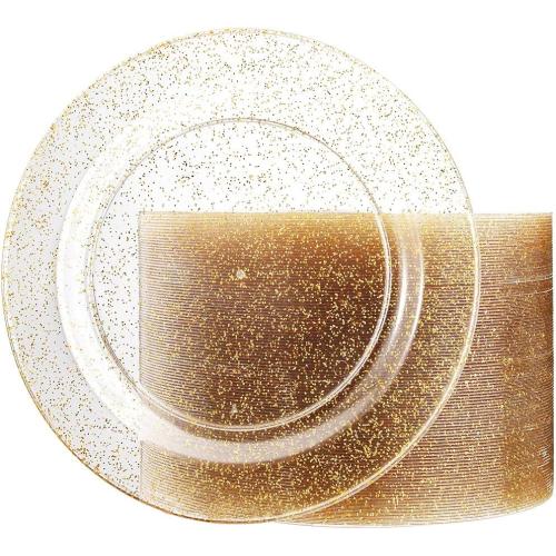 Liacere 100Pieces Gold Plastic Plates-Disposable Gold Glitter Appetizer Plates-7.5inch Premium Plastic Salad/Dessert Plates for Wedding & Parties & Thanksgiving