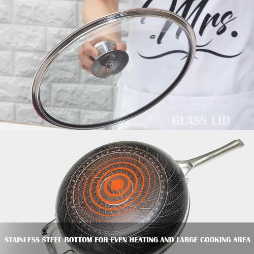 Size 14 Color silver Wok Pan,Hybrid Nonstick 14 Inch Wok with Lid,Induction Non Stick Stainless Steel Large Deep Woks&Stir-Fry Pans,Stay-Cool Handle Skillets,PFOA Free Cookware