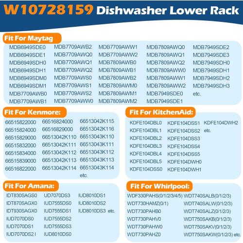W10728159 Dishwasher Lower Dishrack Assembly, Compatible with kenmore whirlpool kitchenaid maytag, Replaces W10525646 W10082825 W10780925, Dishwasher Lower Rack with WP3376961 Wheels, 22D x 20.8W