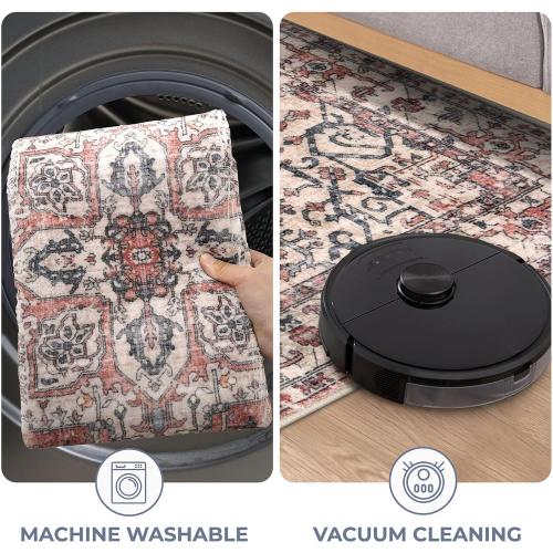 KOZYFLY Area Rug 9x12 Ft Thin Rugs for Living Room Washable Bedroom Rug Non Slip Rugs for Living Room Printed Faux Wool Vintage Bedroom Rug Floor Carpet for Dining Room, Red Salmon/Pink/Navy