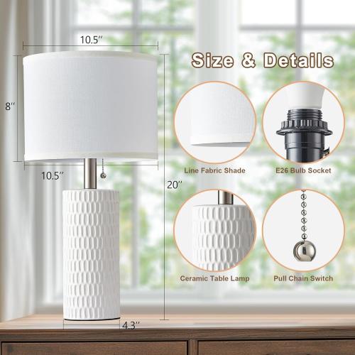 20 Small Bedside Table Lamps for Bedroom Set of 2, Modern Lamps for Night Stands, Farmhouse Table Lamps for Living Room, Home Office and Hallways,White