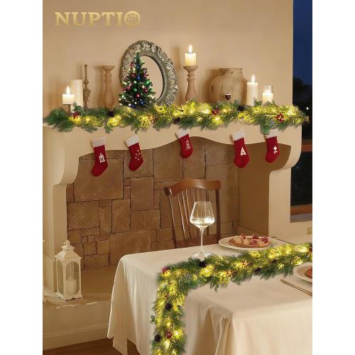 NUPTIO Artificial Christmas Garland with Lights: 2Pcs 6.2Ft Pre-Lit Gold Glitter Garland with Pine Cones Red Berry Eucalyptus - Xmas Decorations for Mantle Fireplace Railing Stairs Table Door