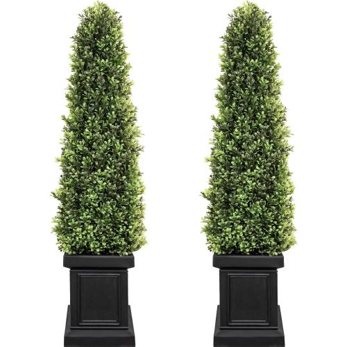 3.5ft Boxwood Outdoor Topiary Set of 2, Tall All Year Green Fake Plant Topiary Trees Artificial Outdoor Porch Trees with Sturdy Pot for Outdoor Indoor (Square)