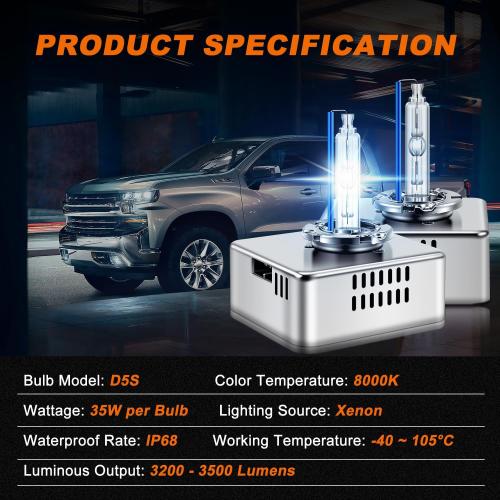 DZG D5S HID Headlight Bulbs for 2016 2017 2018 Chevy Silverado 1500 WT LS LT 2015-2018 GMC Sierra 1500 2500 3500 HD, 8000K Cool White 35W Metal Base Xenon Replacement High Low Beam Bulb, Pack of 2