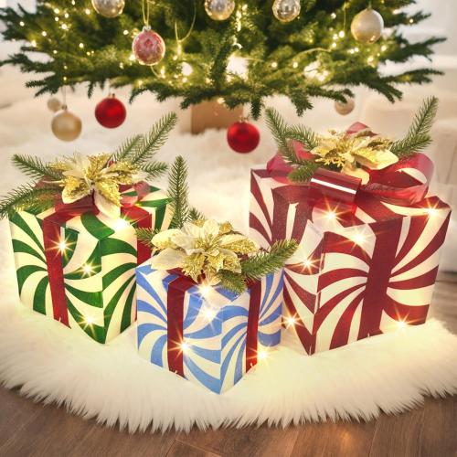 COLORFUL CANDY CANE Uieke Set of 3 Christmas Lighted Gift Boxes Christmas Decorations, 60 LED Lights Present Boxes Ornament with Red Green and Blue Stripe for Xmas Tree Indoor Yard Home Party Gift Box Decorations