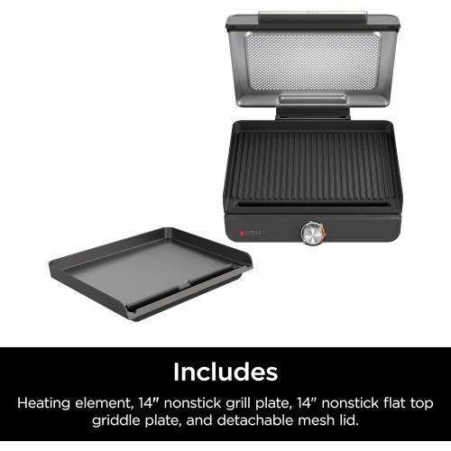 Ninja Griddle and Indoor Grill, 14’’, Electric Grill, For Steak, Burgers, Salmon, Veggies, and More, Pancake Griddle, Nonstick, Dishwasher Safe, 500F, Even Cooking, Silver, GR101