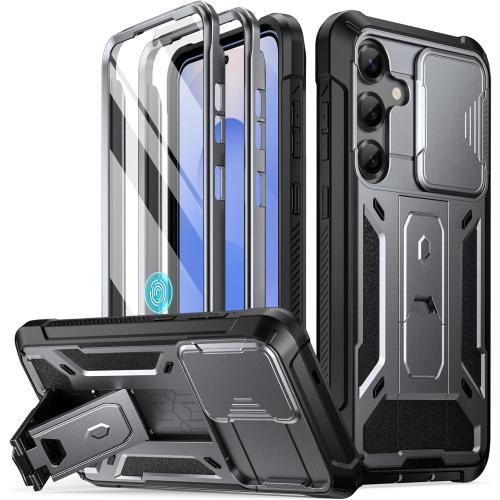 Poetic Spartan Case for Galaxy S25 6.2, [Slide Camera Cover] [Screen Protector Works with Fingerprint ID] Military Grade Rugged Shockproof S25 Phone Case with Kickstand, Metallic Gun Metal
