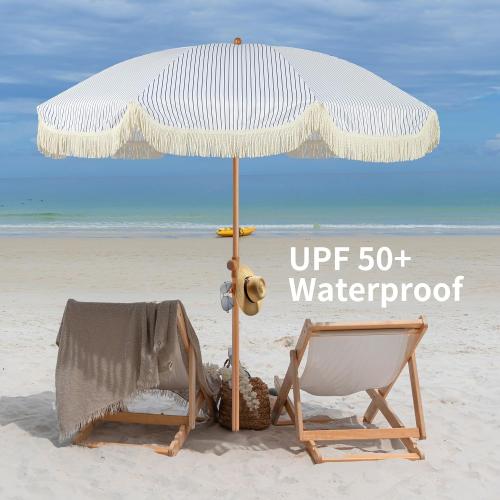 6.5ft Patio Umbrella with Fringe, Beach Umbrella, Fringe Umbrella Outdoor Patio with Hanging Hook, Tilting Aluminum Pole, UV 50 , Fiberglass Ribs, Blue White Stripe