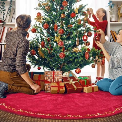 HyDren 100 Inch Christmas Velvet Tree Skirt Gold Bronzing Embroidery Christmas Tree Decorations Vintage Party Favors Rustic Holiday Decor(Red)