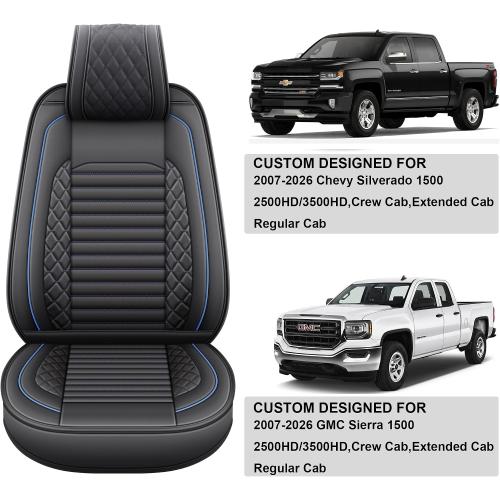 JOJOBAY Chevy Silverado Seat Covers,GMC Sierra Seat Covers,Custom Fit 2007-2025 1500 2500HD 3500HD Crew Double Extended Regular Cab,LT LZT RST Trail Boss(Front Pair,Black Blue)