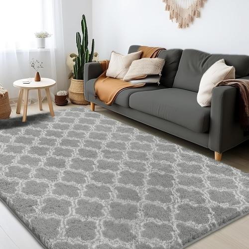 Shag Area Rug 5x7 Feet Extra Soft Rugs for Living Room, High Pile Indoor Carpet for Bedroom, Kids Room, Nursery, Home Decor, Geometric, Light Grey/White