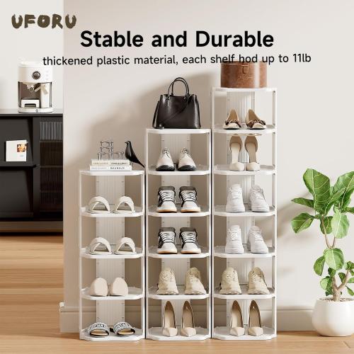 UFORU Small Shoe Rack, 7 Tier Plastic Vertical Shoe Rack for Small and Narrow Spaces, Free Standing Shoe Organizer for Closet, Entryway