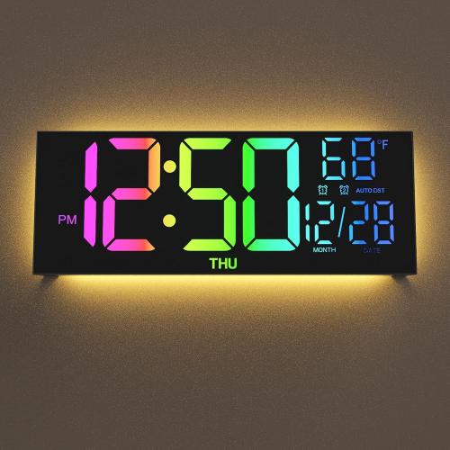 Digital Wall Clock Large Display, 13 Large Digital Wall Clock with RGB Color Remote Control, Automatic Brightness Dimmer Big Clock with Night Lights, Auto DST, Date Week,Perfect for Gift