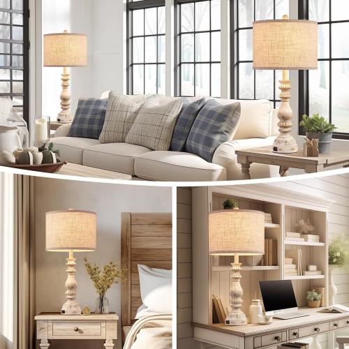 Farmhouse Bedside Lamps Set of 2 Bedroom Lamps for Nightstand with USB A C Ports, 28” Rustic Vintage Table Lamps for Living Room with Rotary Switch - Bulb Not Included