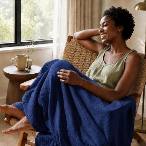 Salt Earth 100% Cotton Gauze 80X90 Queen 4 Layered Blanket- Dress Blue