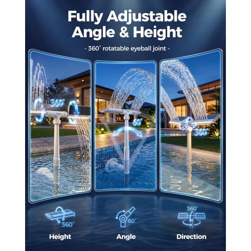 Solar Pool Fountain with Lights, Dual-Head Adjustable Spray & Timer, Remote Control, Auto Dusk Sensor, 10-Color LED Modes & 15°F Cooling Spray for Above & Inground Pools
