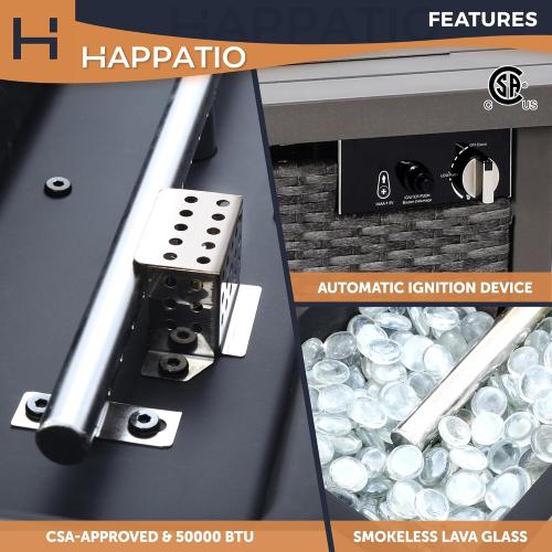 Size 42 Color Grey Fire Pit Table, HAPPATIO 42inch 50000 BTU Propane Fire Pit with Mental Fence Table Top, Lid, Black Glass Rock, CSA Safety Certified for Patio Balcony Backyard (Gray)