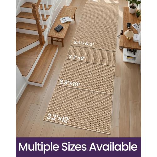 DEXI Hallway Runner Rug 3.3x6.7, Woven Braided Farmhouse Runner Carpet Indoor, Absorbent Thin Long Entryway Runners for Kitchen, Laundry Room, Patio Entrance, Checkered Beige