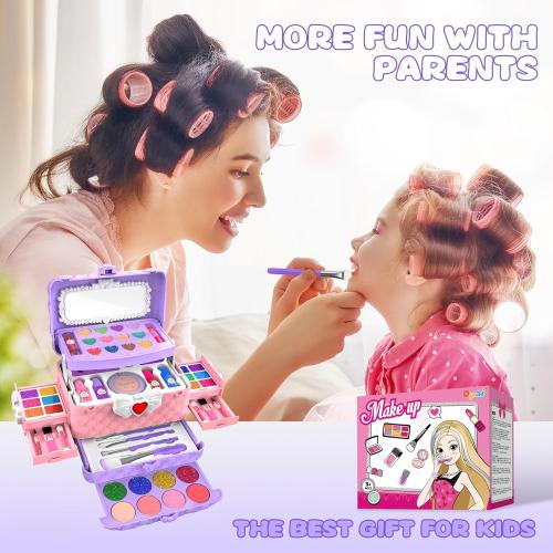 54 Pcs Kids Makeup Kit for Girls, Princess Real Washable Pretend Play Cosmetic Set Toys with Mirror, Birthday Gifts for 3 4 5 6 7 8 9 10 Years Old Girls Kids (Light Purple)