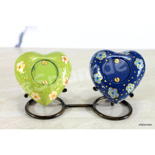 Set of 2 Size 3 Color Blue and green eSplanade Mini Heart-Shaped Cremation Urn Keepsakes Memorial Jar Pot Container - Set of 2 | Small Urns for Funeral Ashes Burial | Multi Printed Metal Keepsakes | Blue and Green - 3 Inches