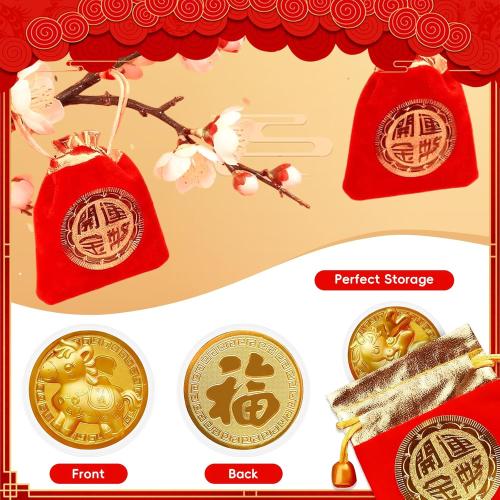 Chinese New Year Coins 2026, Chinese Year of the Horse Coins, 20PCS Lunar New Year Gold Coin Decorations, Zodiac Horse Coin with Fu Bags for Spring Festival Party Gifts Collection Souvenir