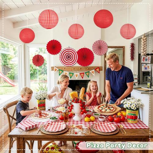15 Pcs Red Gingham Party Decorations, 12 Inch Hanging Paper Lanterns and Fans for Picnic, BBQ, Pizza Party, Crawfish Boil, Birthday, Baby Shower, Graduation