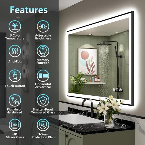 40x32 Black Framed LED Bathroom Mirror with Lights, Backlit and Front Lit Anti-Fog Lighted Vanity Mirrors for Bathroom Wall, Dimmable, 3 Colors, Memory, HD Tempered Glass, Horizontal/Vertical