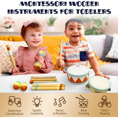 MINIARTIS Toddler Musical Instruments - Montessori Wooden Musical Toys for Toddlers 1-3 | Modern Boho Baby Drum Set with Neutral Colors Percussion Instruments | Kids Preschool Educational