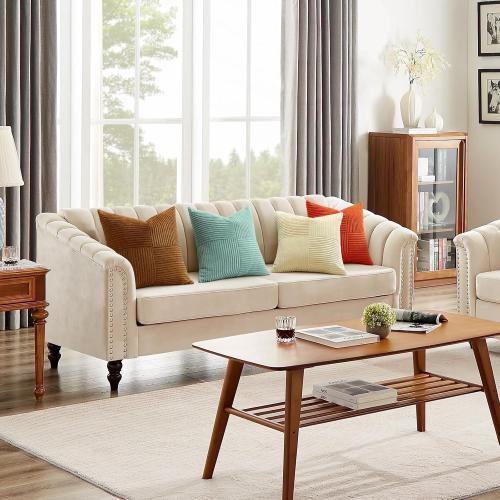 OTOSTAR Set of 4 Decorative Throw Pillow Covers Soft Striped Corduroy Boho Square Pillow Cases Fall Mix and Match Home Decor for Sofa Couch Living Room Bedroom Farmhouse 22x22 Inch, Orange Teal