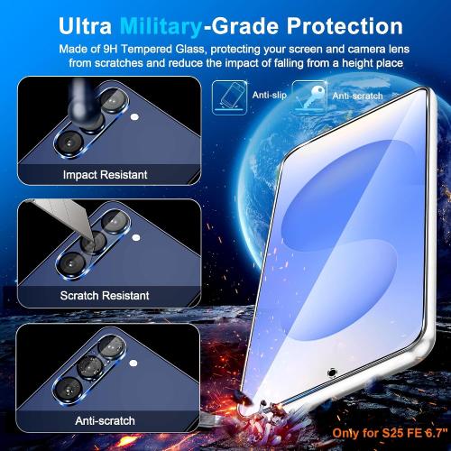 firtstnow 3 Pack for Samsung Galaxy S25 FE Screen Protector Tempered Glass   3 Pack Camera Lens Protector, Military Grade Shatterproof, 9H Hardness, Fingerprint Unlock, Case Friendly 6.7 Inch