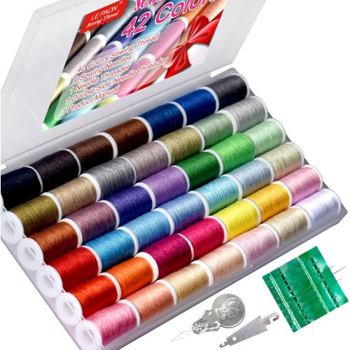 All Purpose Sewing Thread Set - 42 Assorted Rainbow Color Series and White Black Handy Polyester Thread Kit Includes 9 Hand Needles, 2 Needle Threaders, Suitable for Hand and Machine Sewing