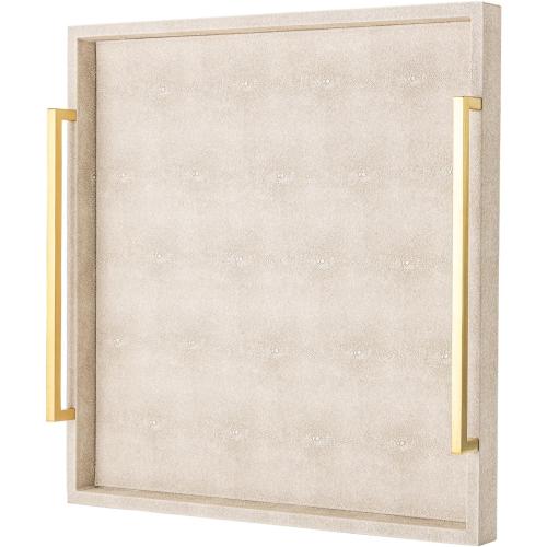 Large Ottoman Tray for Coffee Table,Square Shagreen Leather Decorative Tray with Gold Handles for Living Room Decor