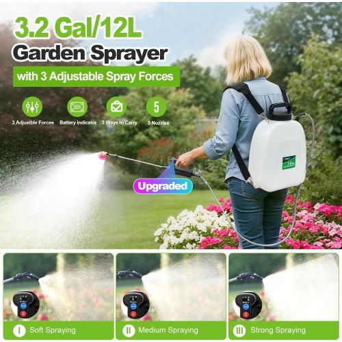 Battery Powered Sprayer 3.2 Gallon, Backpack Sprayer with 3 Adjustable Forces, Battery Indicator, 5 Mist Nozzles, 41 Retractable Wand, USB Rechargeable Garden Sprayer for Weed Lawn Yard