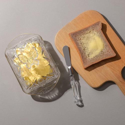 Glass Butter Dish with Lid and Stainless Steel Butter Knife, Farm House Butterfly Handle Thick Cover, European Butter Dishes, Sun Flower Butter Keeper Sticks Kitchen Dishwasher Safe